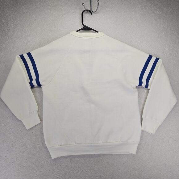 VTG Jerzees By Russell Cardigan Sweater M 1980s White Blue Striped Cotton Blank - Picture 5 of 11